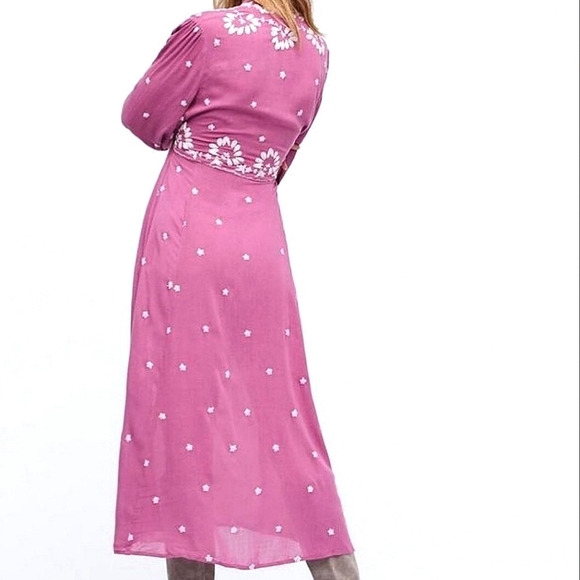 NEW🌺 Free People Embroidered Floral Fable Midi Dress Pink Ivory XS - Picture 6 of 13